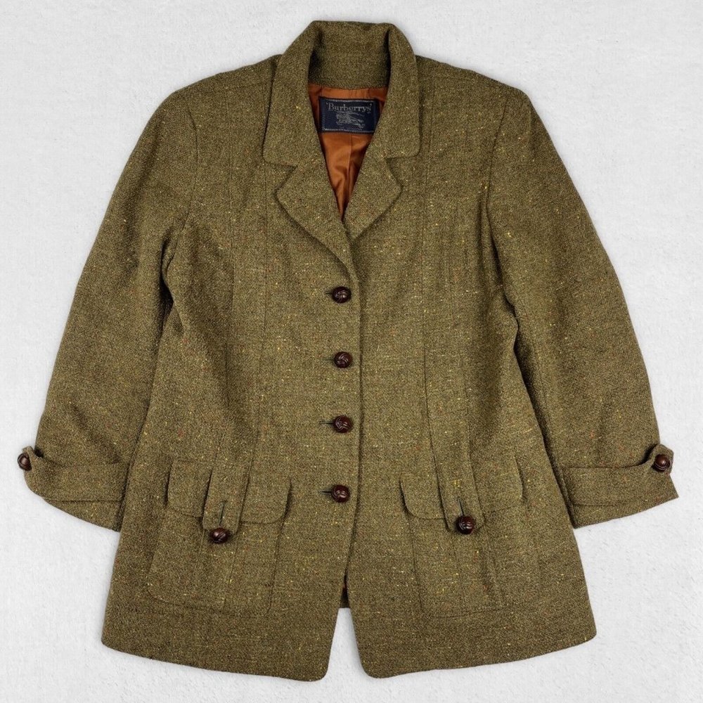 Vtg 80s Burberrys Sport Coat Tweed Jacket Womens 14 Olive Green USA Made Wool